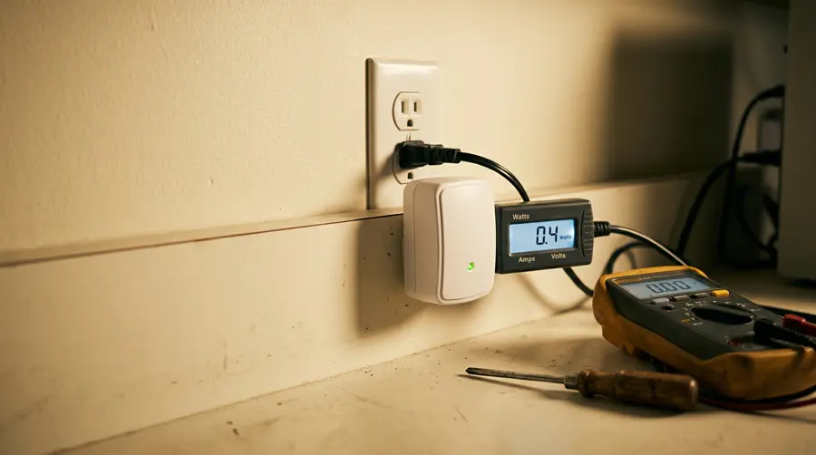 A white plug-in power saver box with a green LED plugged into a wall outlet next to a watt meter and multimeter on a workbench
